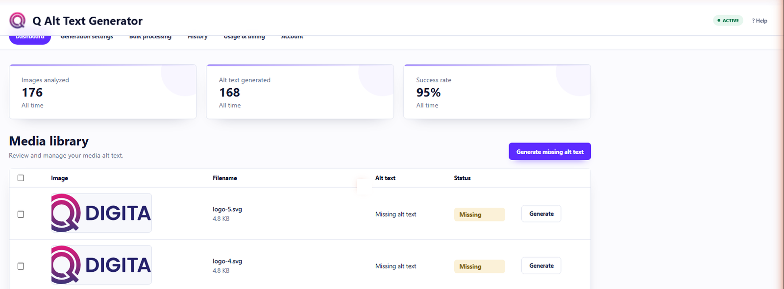 The Q Alt Text Generator dashboard inside WordPress