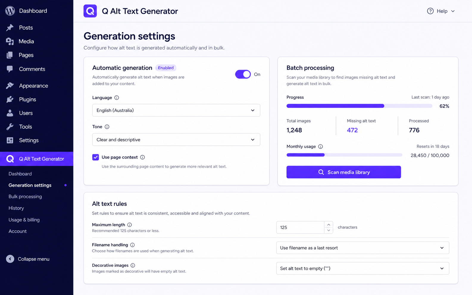 Q Alt Text Generator: Batch and auto generation settings