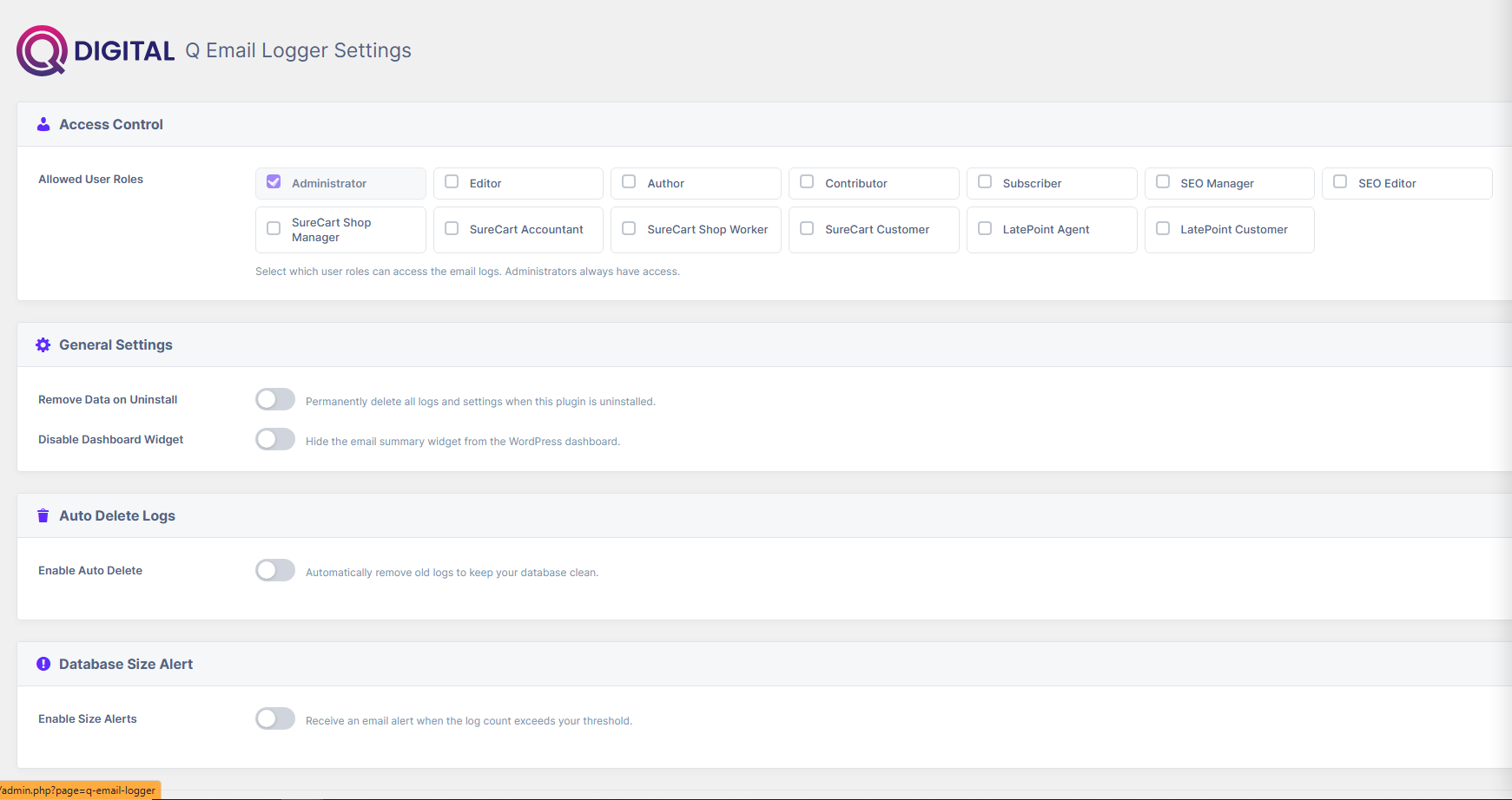 Q Email Logger: Access and retention settings